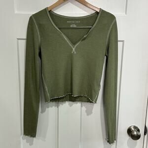 American Eagle Women Long Sleeve Henley Thermal Top Sz S Green Y2k 90's Skater